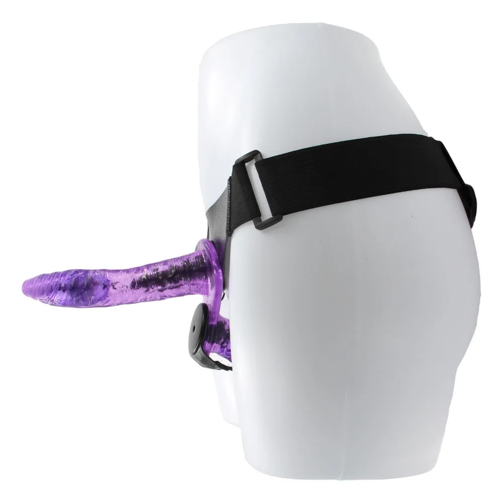lilla kahepoolne strap-on dildo musta rihmaga mannekeenil
