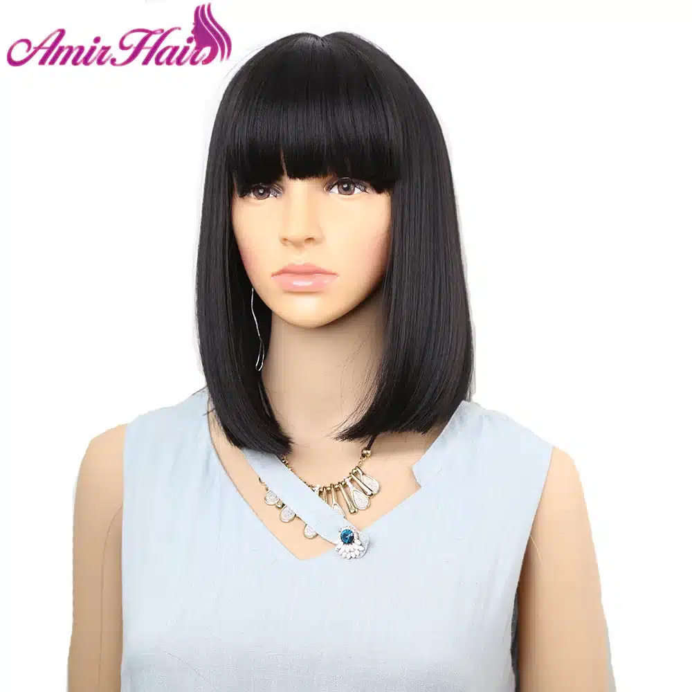 Amir Straight Black Synthetic Wigs With Bangs For Women Medium Length Hair Bob Wig Heat Resistant bobo Hairstyle Cosplay wigs 12
