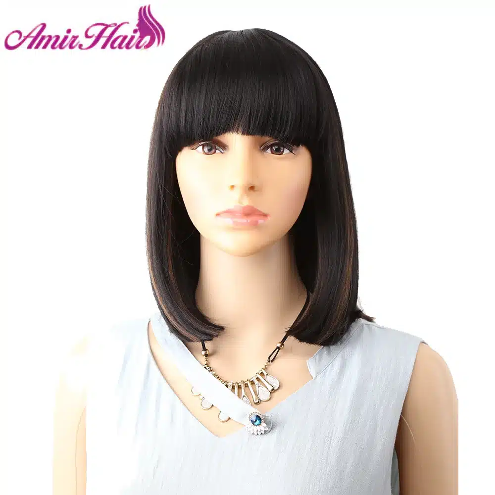 Amir Straight Black Synthetic Wigs With Bangs For Women Medium Length Hair Bob Wig Heat Resistant bobo Hairstyle Cosplay wigs 16