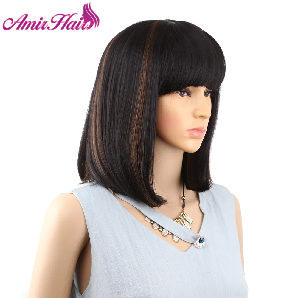Amir Straight Black Synthetic Wigs With Bangs For Women Medium Length Hair Bob Wig Heat Resistant bobo Hairstyle Cosplay wigs 17
