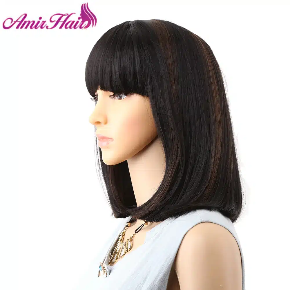 Amir Straight Black Synthetic Wigs With Bangs For Women Medium Length Hair Bob Wig Heat Resistant bobo Hairstyle Cosplay wigs 18