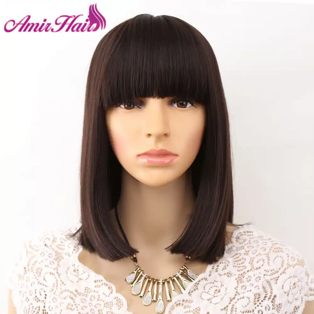 Amir Straight Black Synthetic Wigs With Bangs For Women Medium Length Hair Bob Wig Heat Resistant bobo Hairstyle Cosplay wigs 21
