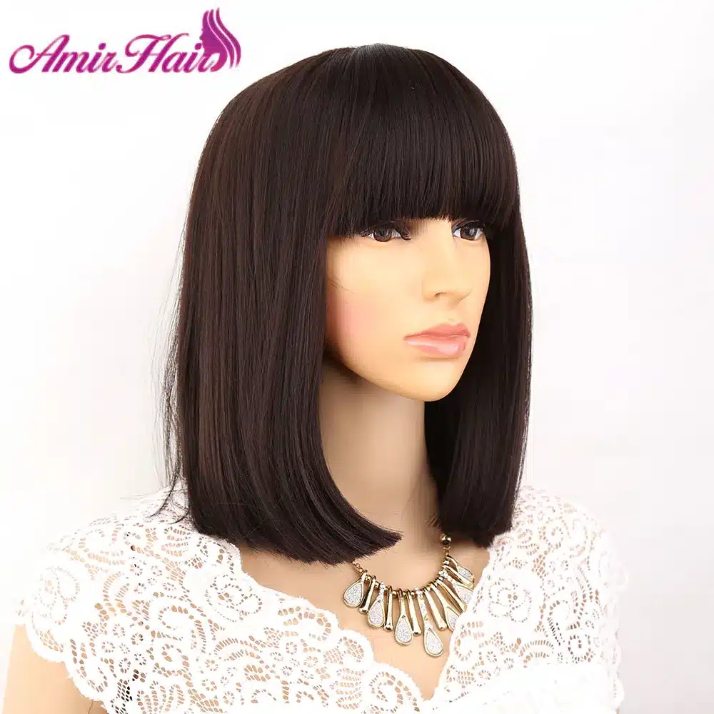 Amir Straight Black Synthetic Wigs With Bangs For Women Medium Length Hair Bob Wig Heat Resistant bobo Hairstyle Cosplay wigs 22