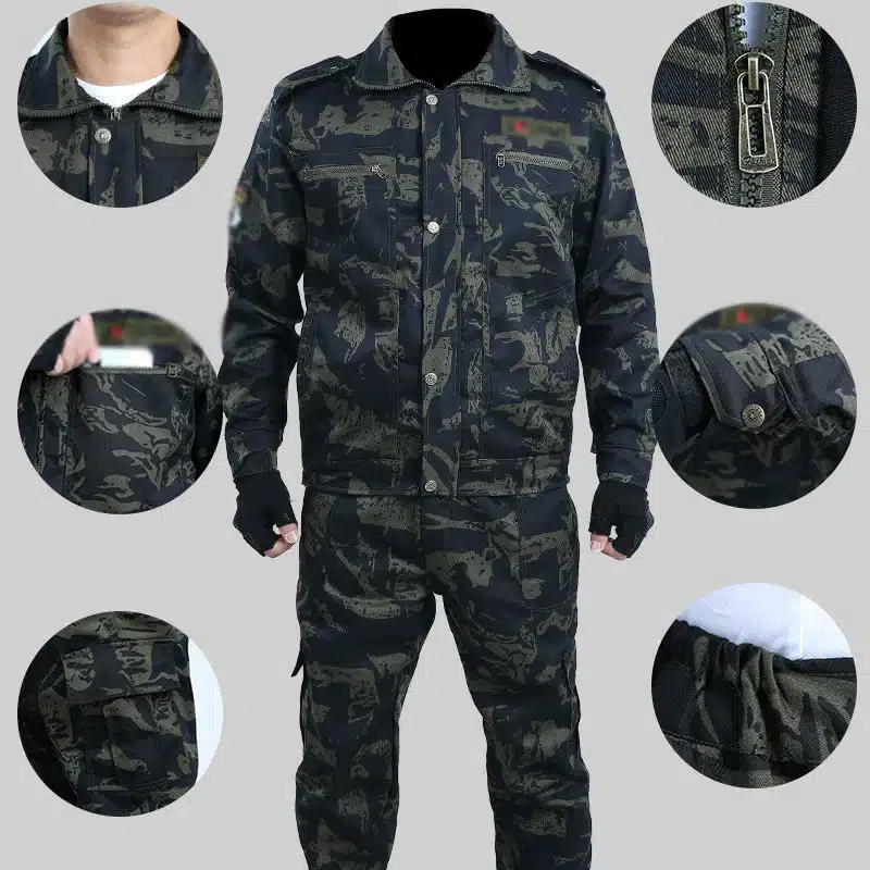meeste militaarstiilis jakk ja püksid, tumedad kamuflaažvärvid, mitmed detailid nagu lukud ja nööbid