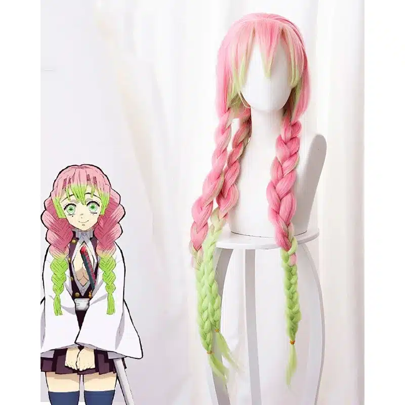 roosa ja heleroheline anime stiilis parukas pikkade patsidega
