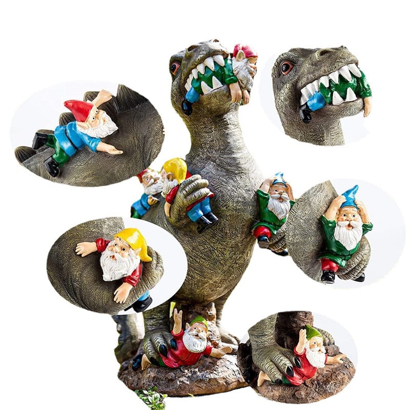 Dekoratiivkuju, millel on suur pruun dinosaurus erinevate värviliste pöialpoistega. Pöialpoisid on kuju ümber, osad hoiavad dinosauruse eest kinni, osad on dinosauruse käppades. Taust on valge.