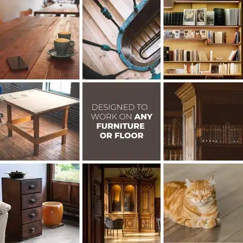 Kolaaž erinevatest puidust sisustuselementidest nagu lauad, trepikäsipuud, raamatukapid ja põrandad, koos keskse tekstiga 'Designed to work on any furniture or floor' ning Parandusvaha puidu jaoks nimetusega.