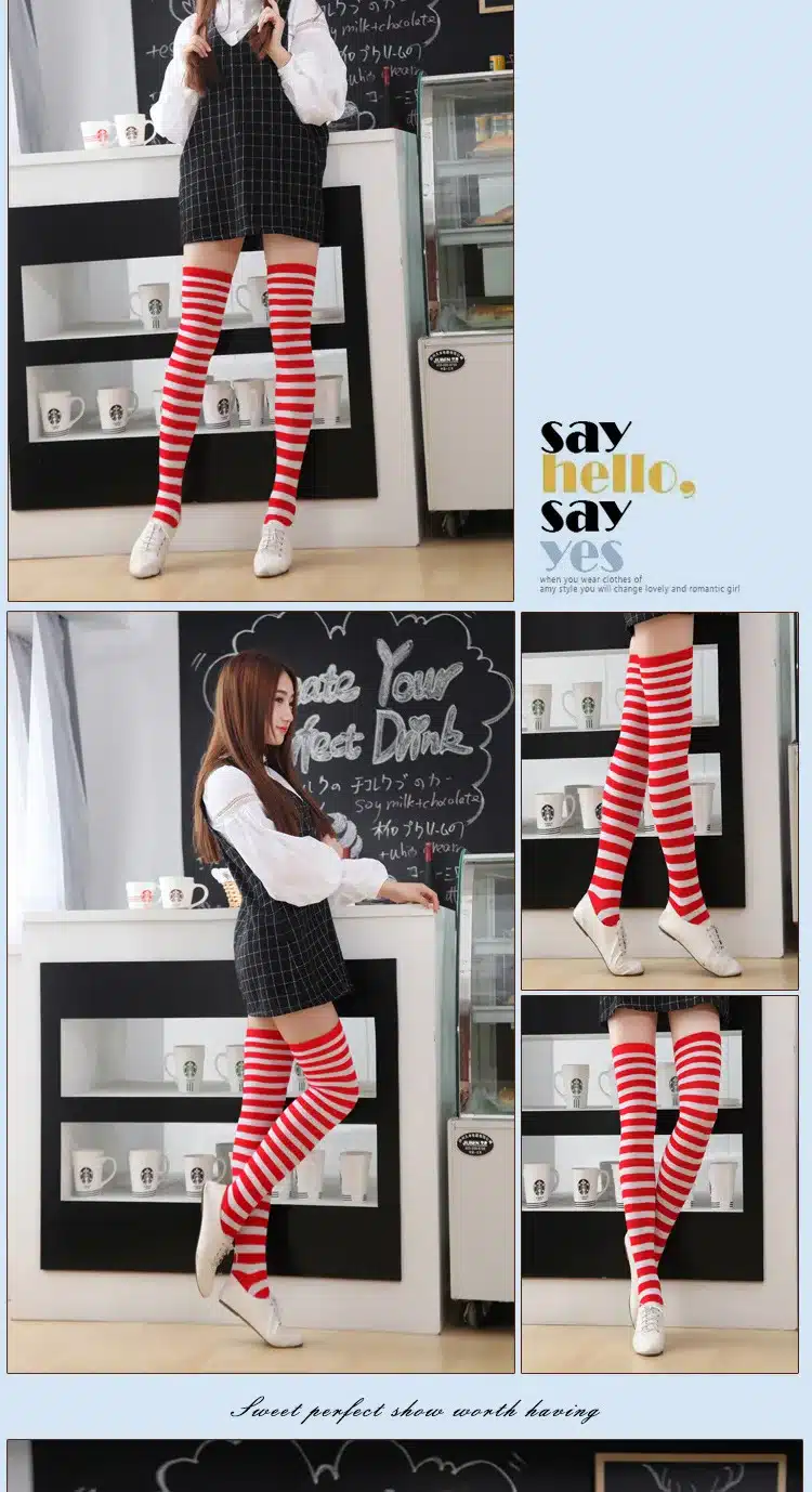 Fashion Japanese Candy Color Long Striped Stockings Sexy Sokken Vrouwen Kawaii Women Over Knee High Socks Girls Lolita Stocking 23
