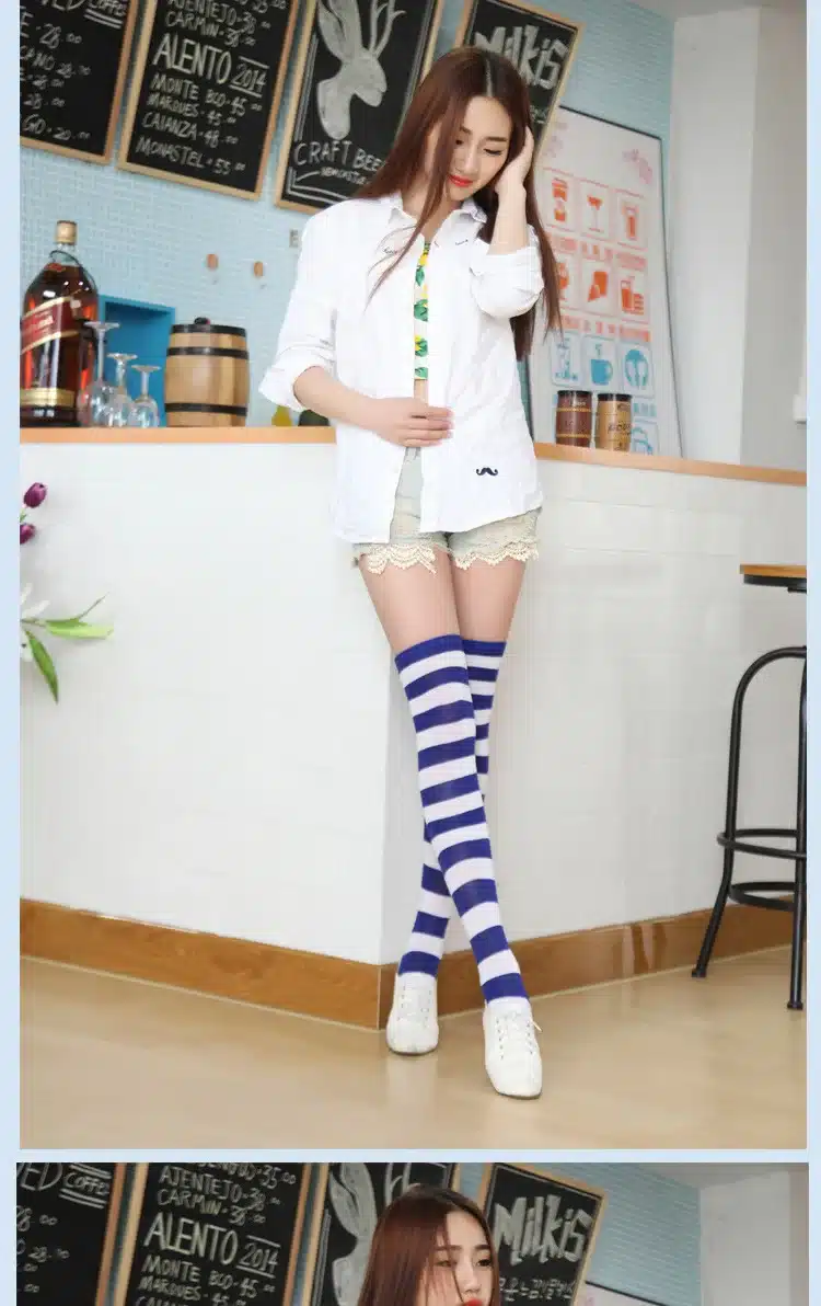 Fashion Japanese Candy Color Long Striped Stockings Sexy Sokken Vrouwen Kawaii Women Over Knee High Socks Girls Lolita Stocking 32