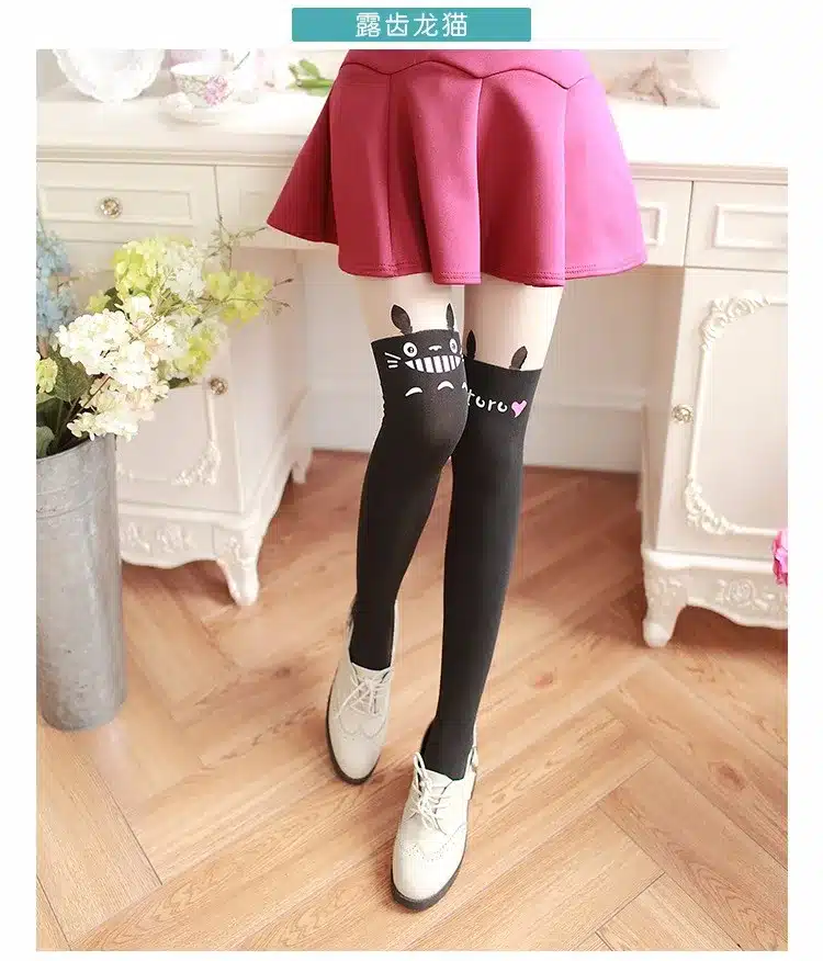 New Fashion Women Nylon Cute Cat Totoro Knee High Tights 16 Styles Tattoo Stockings Girls Sexy Pantyhose Over Knee Stockings 12