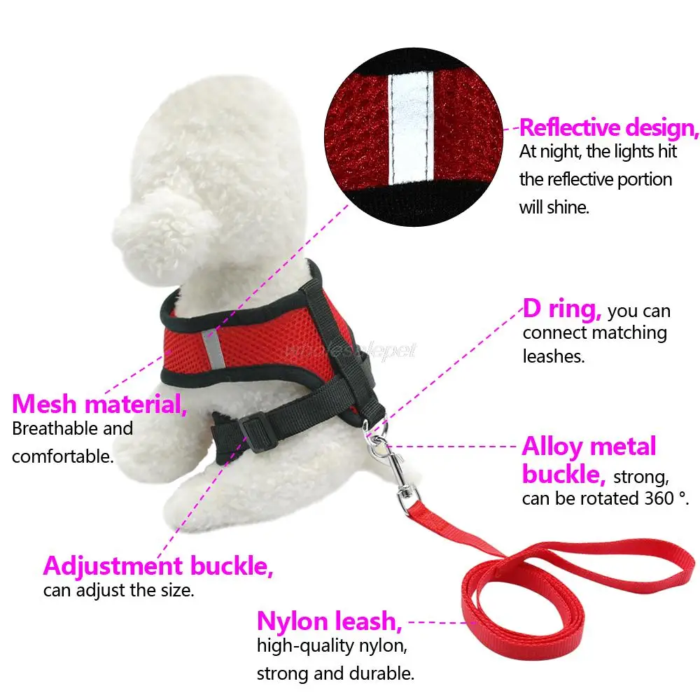 Breathable Mesh Small Dog Pet Harness and Leash Set Puppy Vest Pink Red Blue Black For Chihuahua 12