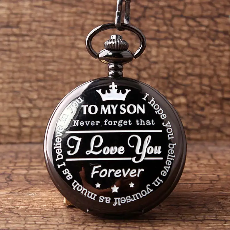 Vintage To My Son Quartz Pocket Watches With I LOVE YOU Black Neckalce Pendant Fob Clock With Chain For Children Son Gifts 9