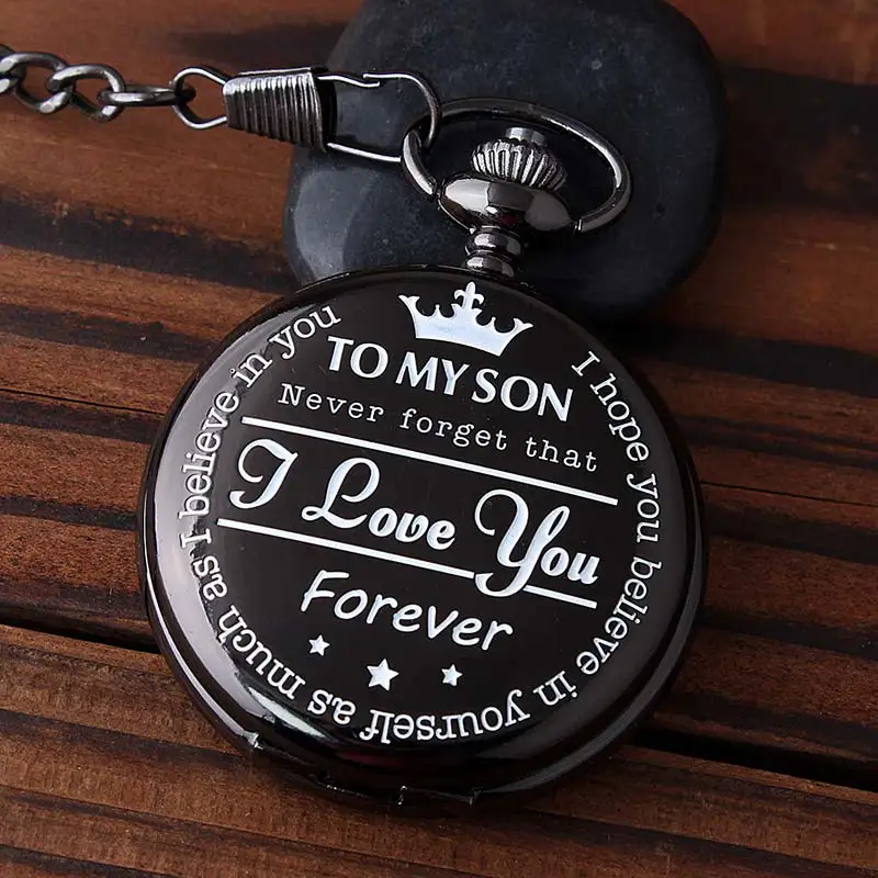 Vintage To My Son Quartz Pocket Watches With I LOVE YOU Black Neckalce Pendant Fob Clock With Chain For Children Son Gifts 10