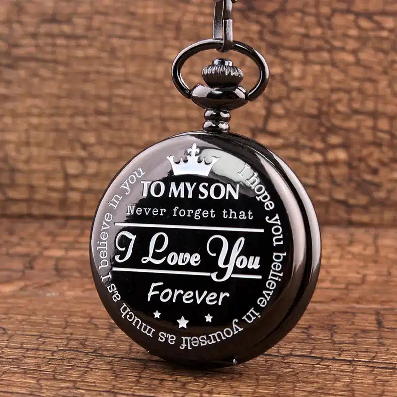 Vintage To My Son Quartz Pocket Watches With I LOVE YOU Black Neckalce Pendant Fob Clock With Chain For Children Son Gifts 16