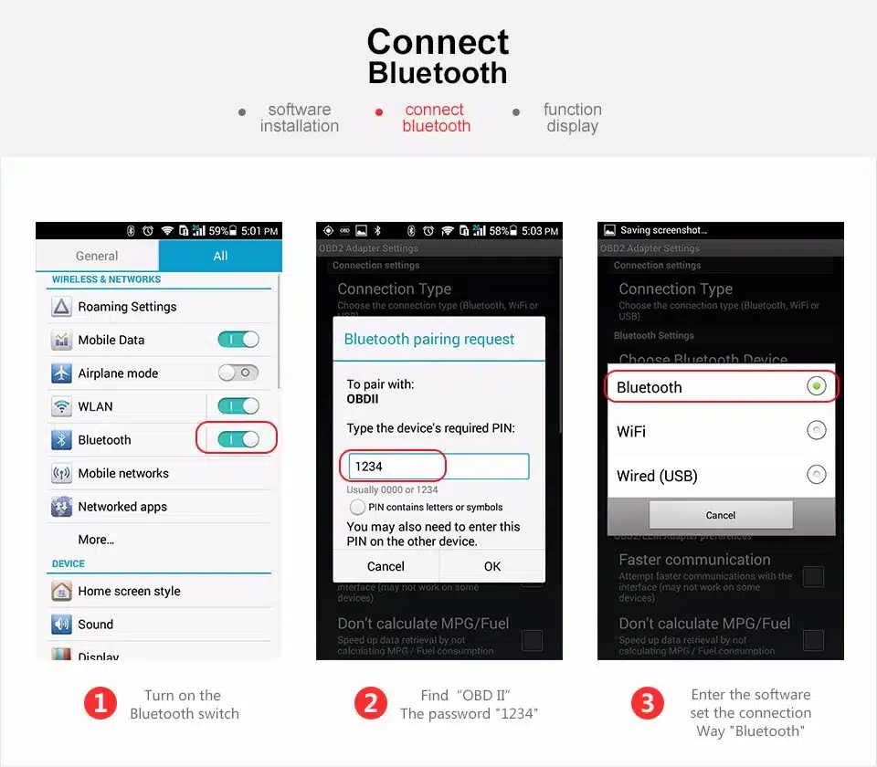 kolm ekraanipilti, mis näitavad bluetoothi seadistamist android seadmes