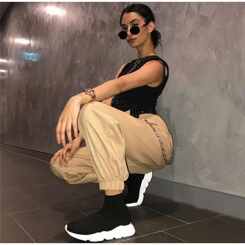 Women's Chains High Waist Harem Pants Casual Loose Hip Hop Pant Streetwear With Pockets Solid 2018 Autumn Female Trousers 1