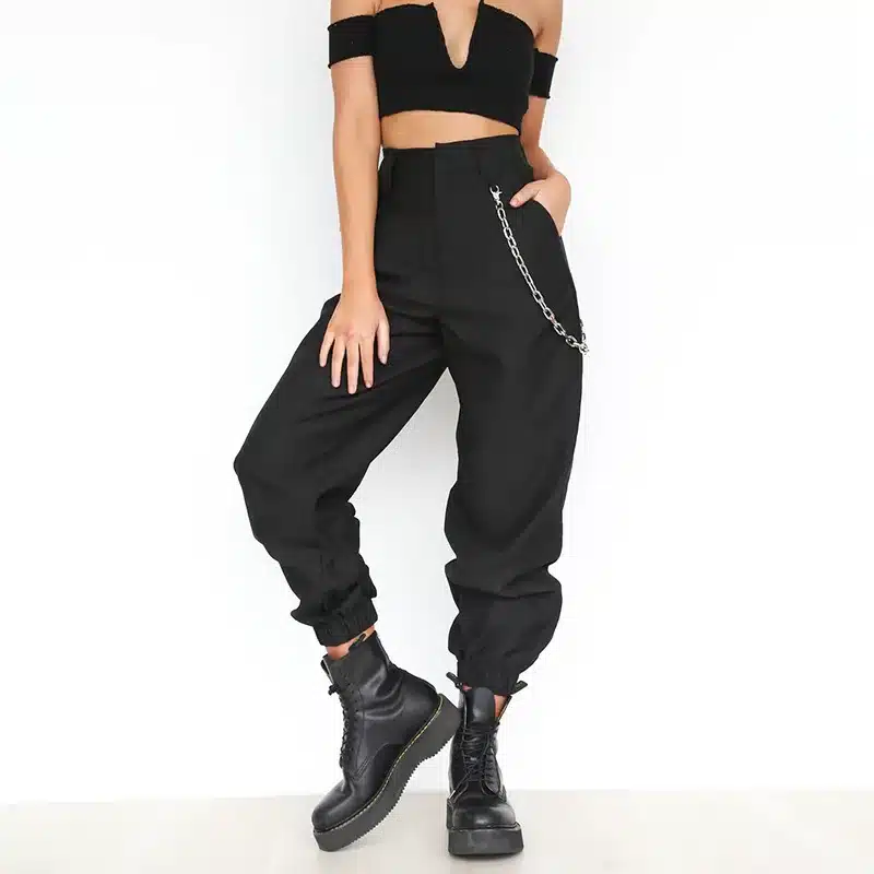 Women's Chains High Waist Harem Pants Casual Loose Hip Hop Pant Streetwear With Pockets Solid 2018 Autumn Female Trousers 2