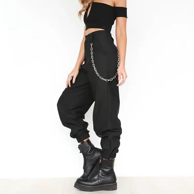 Women's Chains High Waist Harem Pants Casual Loose Hip Hop Pant Streetwear With Pockets Solid 2018 Autumn Female Trousers 3