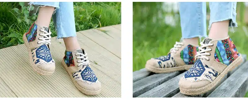värviliste mustritega naiste saapad, millel on paelad ja madal tald