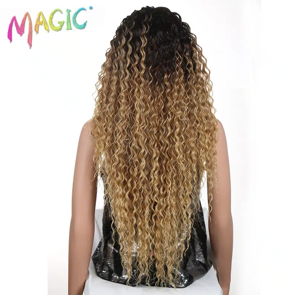 MAGIC Hair Kinky Curly Glueless High Temperature Fiber Hair 32 Inch Natural Blonde Synthetic Lace Front Wigs For Black Women 6