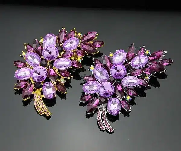 Big Size Full Crystal Accessories Small Flower Cluster Leaf Purple Brooches for Women Wedding Bouquets Gold Color Brooch Jewelry 12