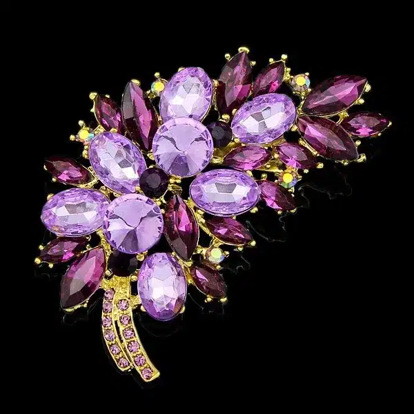 Big Size Full Crystal Accessories Small Flower Cluster Leaf Purple Brooches for Women Wedding Bouquets Gold Color Brooch Jewelry 15