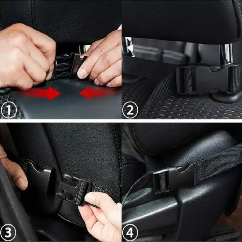 käed kinnitavad musta rihma auto esiistme külge, kasutades plastist klambrit