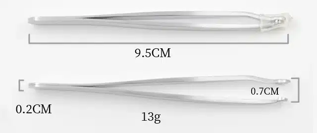 hõbedased trimmivad pintsetid mõõtudega 9,5 cm pikk ja 0,7 cm lai