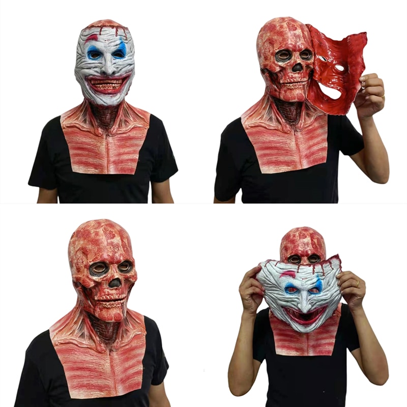 Kaks-ühes hirmutav mask, mis kujutab lihasstruktuuriga kolju ja klouni. Maski saab kanda kahel viisil: luukerena või klounina. Piirkondade detailne struktuur ja punased toonid loovad realistliku efekti.