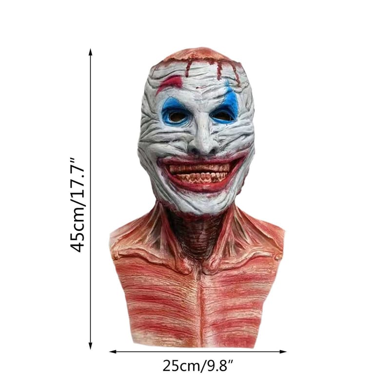 Kaks-ühes hirmutav mask, valgete ja punaste toonidega, realistliku disainiga ning siniste detailidega silmaümbruses valgel taustal.