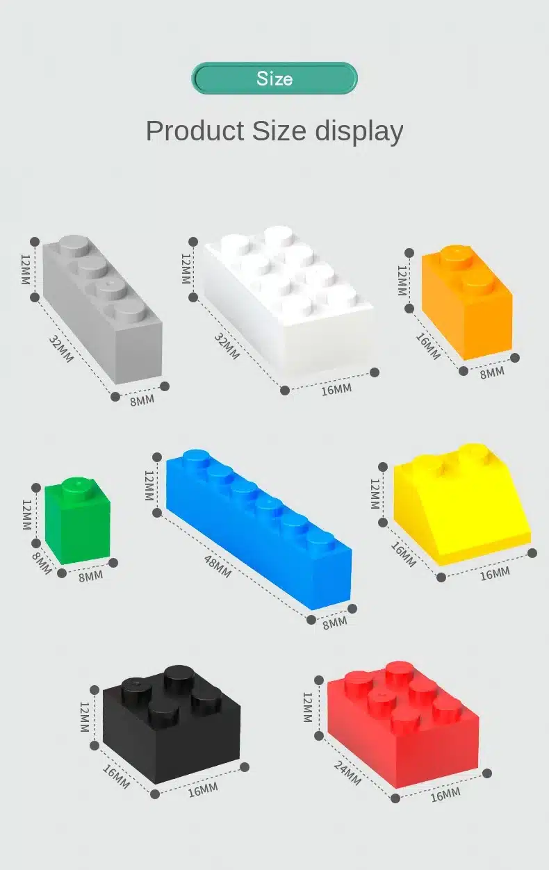 Erineva suuruse ja värviga tavalised legoklotsid, sealhulgas hall, valge, oranž, roheline, sinine, must ja punane plokk, mõõtudega varieeruvad klotsid hallil taustal, mis kuuluvad komplekti Tavalised legoklotsid - 250 tk komplektis.