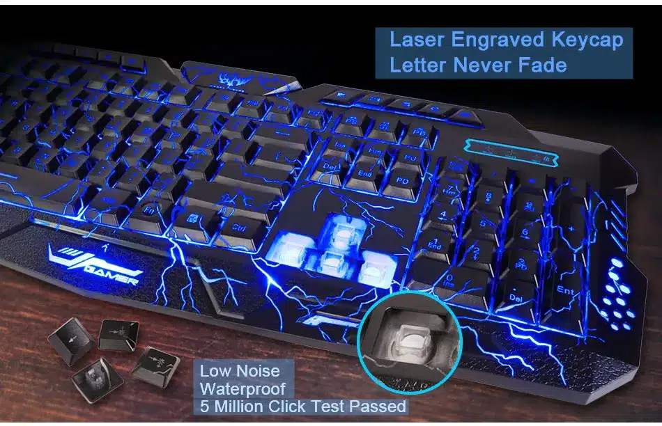 must klaviatuur sinise LED valgustusega ja lasergraveeritud klahvidega