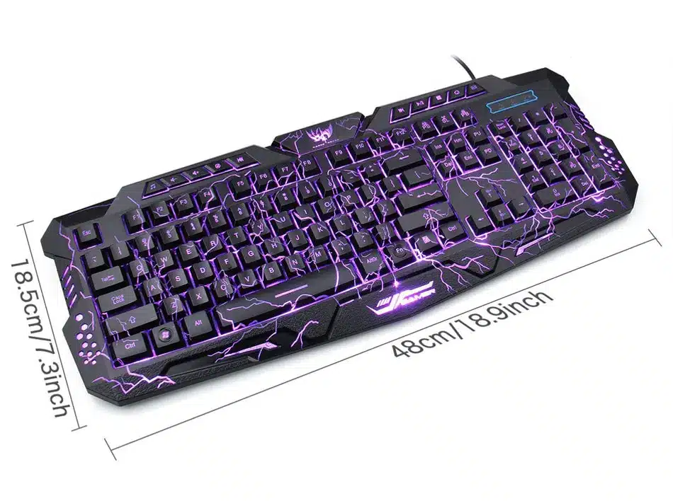 must klaviatuur lilla LED valgustusega ja mõõtmetega 48x18,5 cm