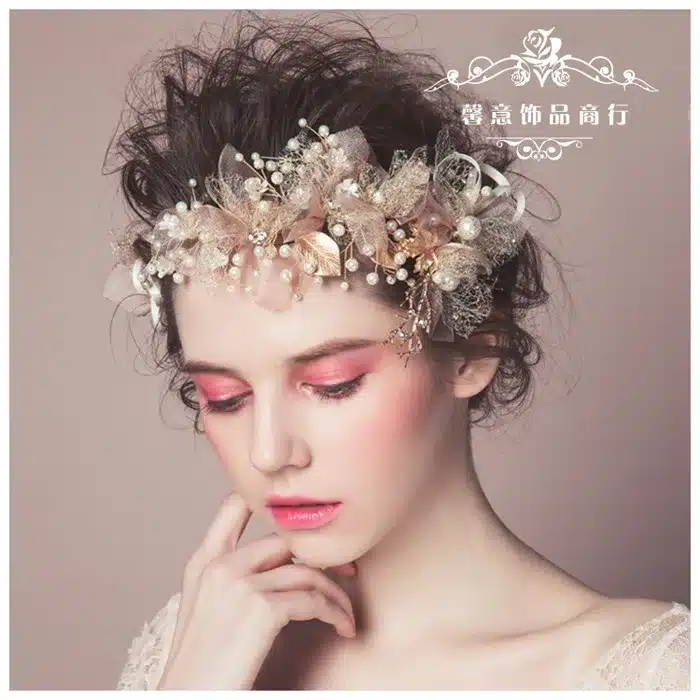 Korean silk yarn flower bride headdress beauty bride wedding hair accessories pink hair ornament 17