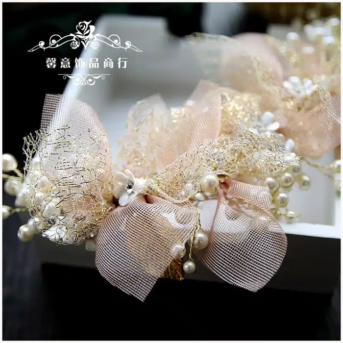 Korean silk yarn flower bride headdress beauty bride wedding hair accessories pink hair ornament 18