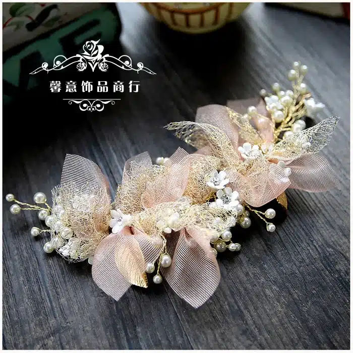 Korean silk yarn flower bride headdress beauty bride wedding hair accessories pink hair ornament 19