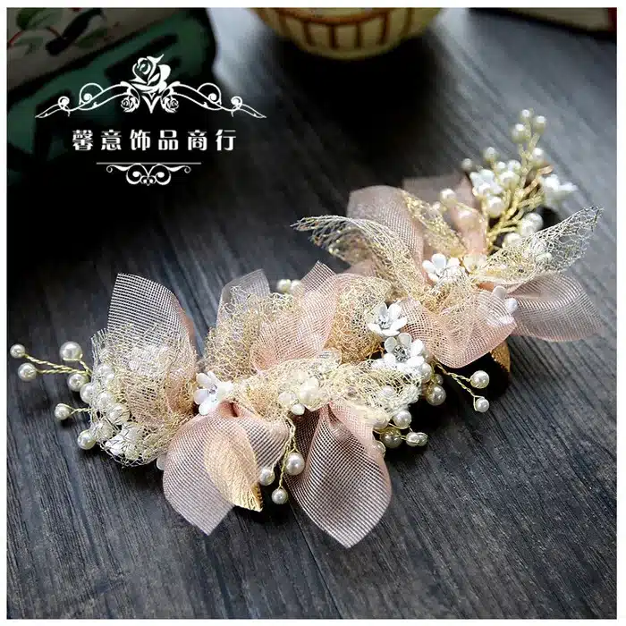 Korean silk yarn flower bride headdress beauty bride wedding hair accessories pink hair ornament 20