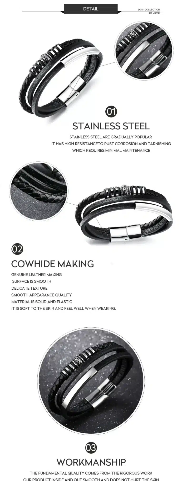 Jiayiqi Fashion Leather Bracelet for Men Black Braid Multilayer Rope Chain Stainless Steel Magnetic Clasp Male Jewelry Gifts 14