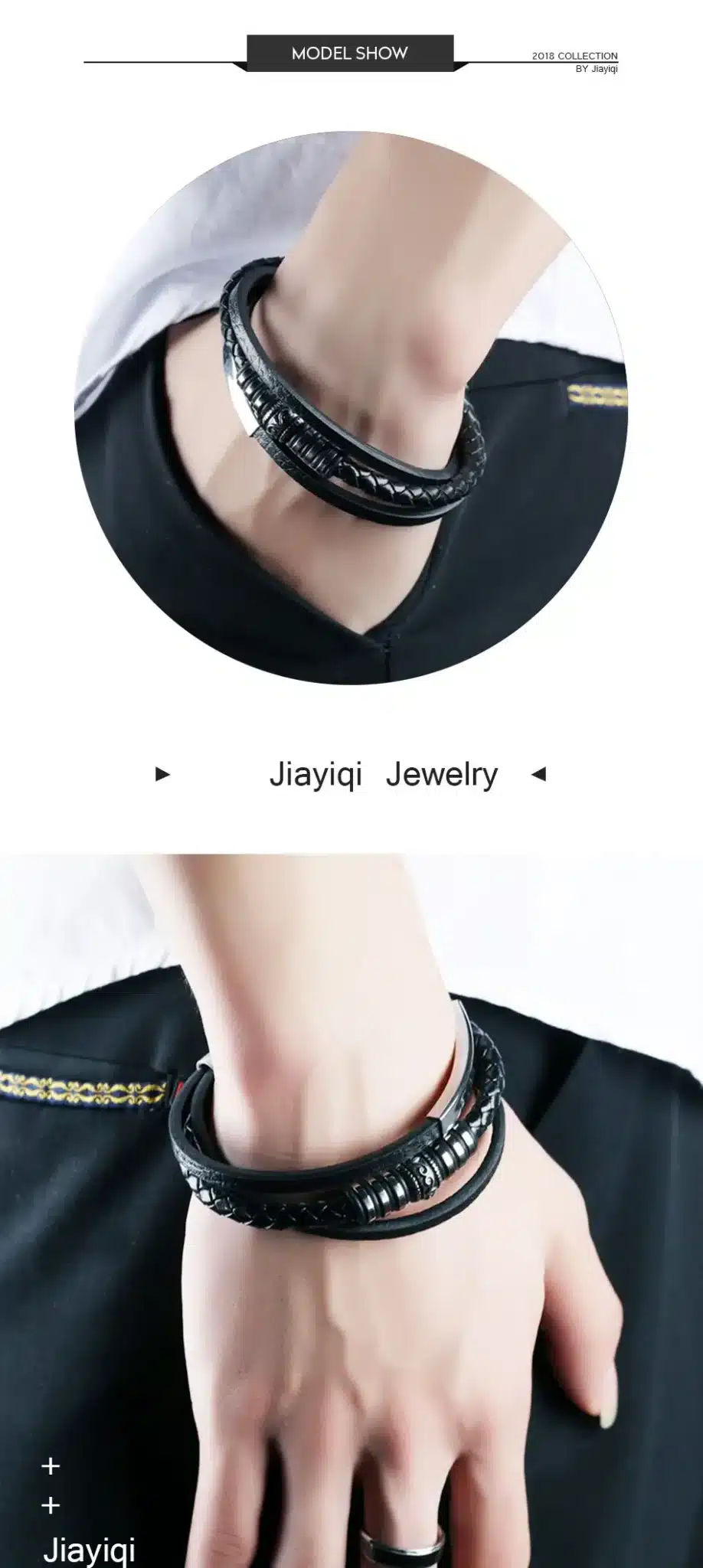 Jiayiqi Fashion Leather Bracelet for Men Black Braid Multilayer Rope Chain Stainless Steel Magnetic Clasp Male Jewelry Gifts 16