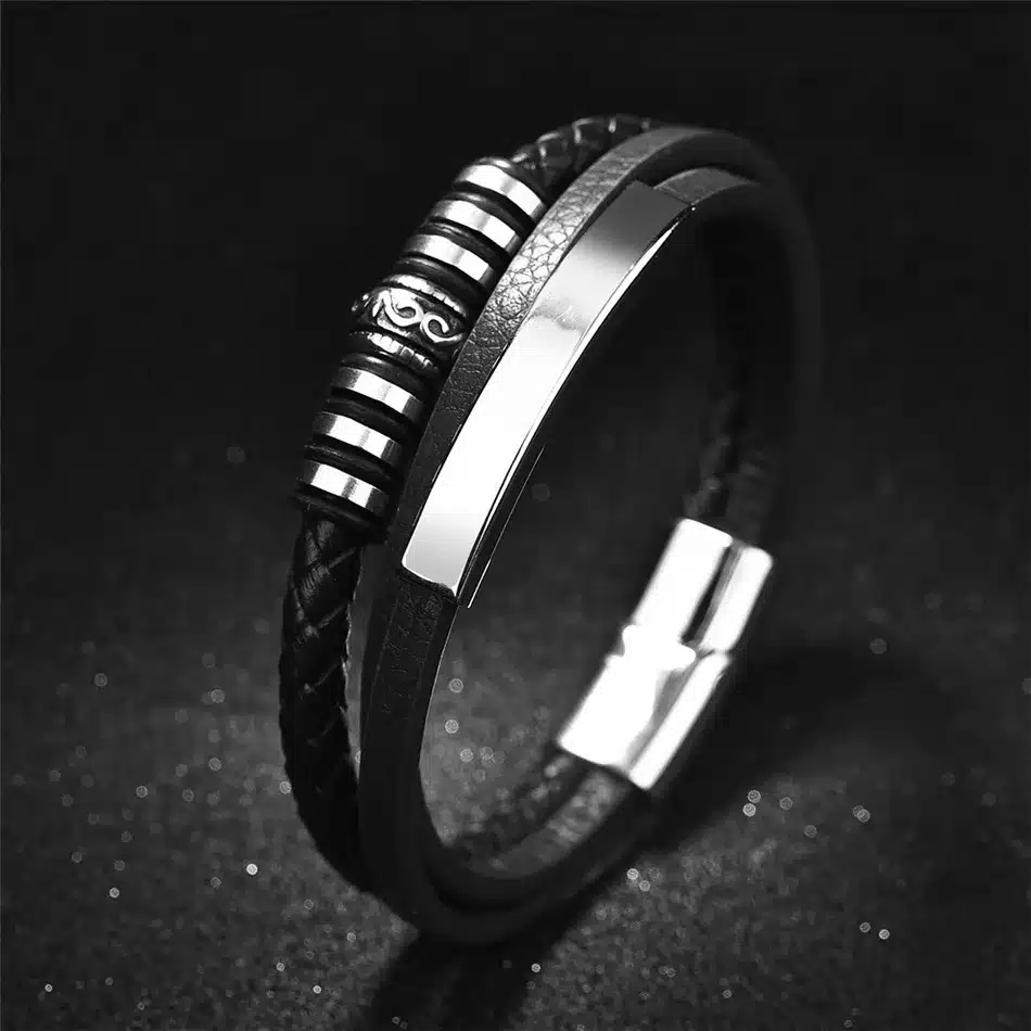 Jiayiqi Fashion Leather Bracelet for Men Black Braid Multilayer Rope Chain Stainless Steel Magnetic Clasp Male Jewelry Gifts 17