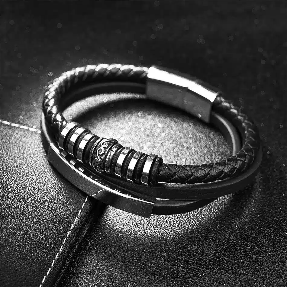 Jiayiqi Fashion Leather Bracelet for Men Black Braid Multilayer Rope Chain Stainless Steel Magnetic Clasp Male Jewelry Gifts 18