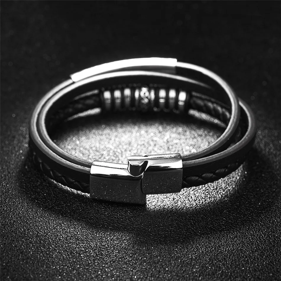 Jiayiqi Fashion Leather Bracelet for Men Black Braid Multilayer Rope Chain Stainless Steel Magnetic Clasp Male Jewelry Gifts 19
