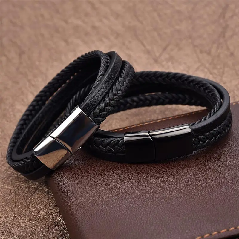 Jiayiqi Punk Black Genuine Leather Bracelet Braided Rope Chain Stainless Steel Wristband Magnetic Clasp Men Jewelry Vintage Gift 13