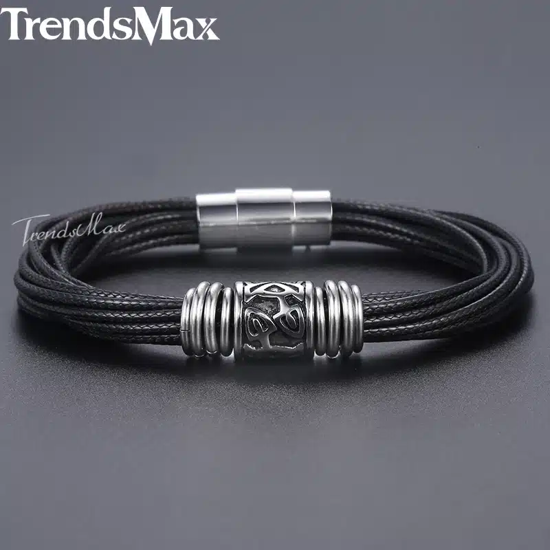 Unique Vintage Men's Black Multilayer Braided Leather Bracelet Stainless Steel Magnetic Clasp Dropshipping Male Jewelry DLB104 22