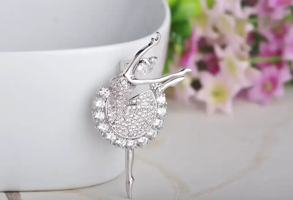 MECHOSEN Beautiful Ballet Girl Brass Brooches Shiny Full Cubic Zirconia Gold Color hijab pins Accessories Graceful Dancer ouija 2