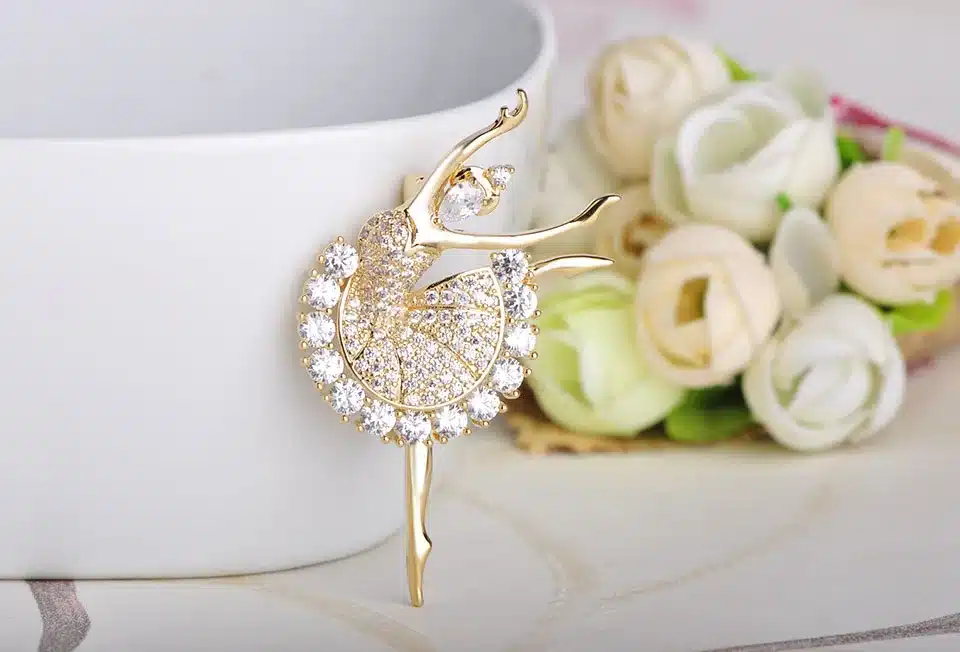 MECHOSEN Beautiful Ballet Girl Brass Brooches Shiny Full Cubic Zirconia Gold Color hijab pins Accessories Graceful Dancer ouija 3