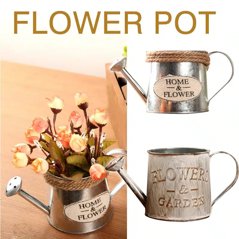 metallist kastekann lillepotina, kaunistatud köiega ja sildiga 'Home & Flower'