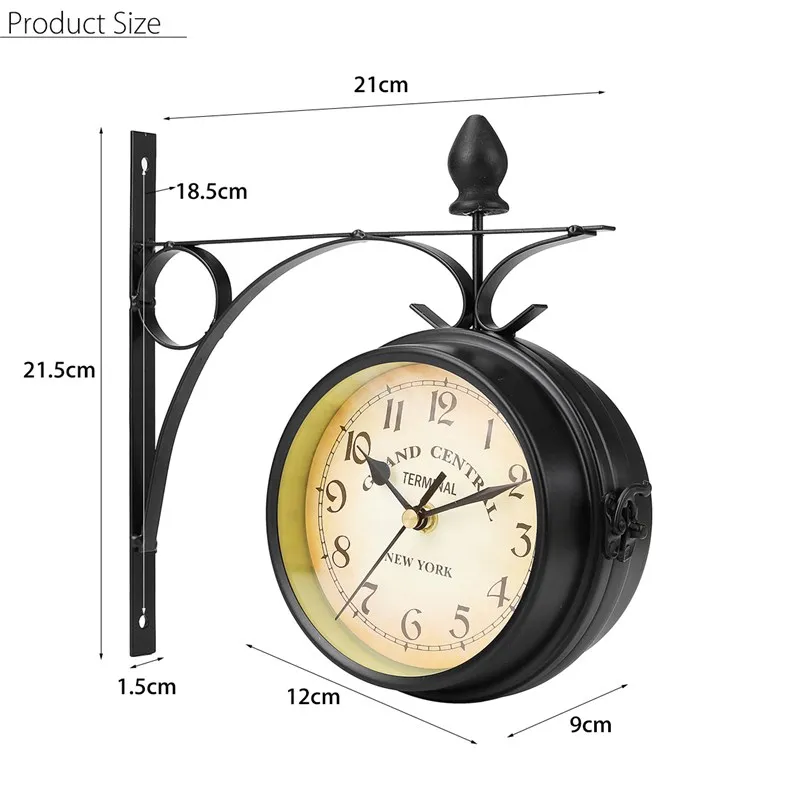 Charminer Double Sided Round Wall Mount Station Clock Garden Vintage Retro Home Decor Metal Frame Glass Dial Cover Hot Sale 4