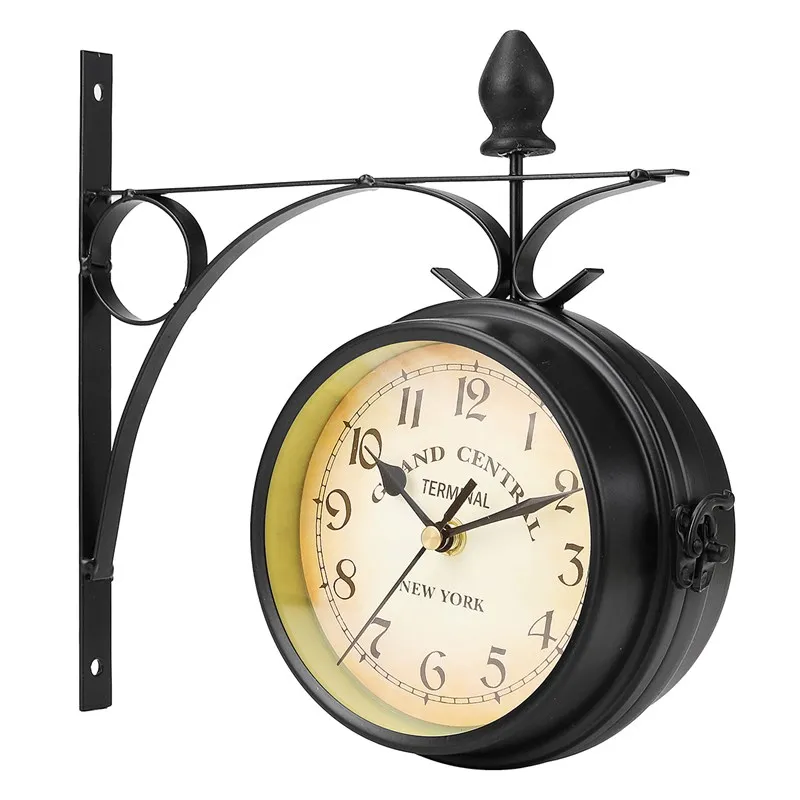 Charminer Double Sided Round Wall Mount Station Clock Garden Vintage Retro Home Decor Metal Frame Glass Dial Cover Hot Sale 6