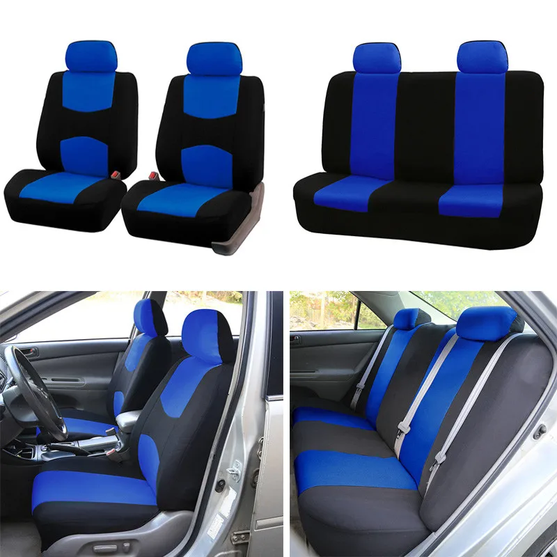 kahevärvilised sinimustad istmekatted autosalongis